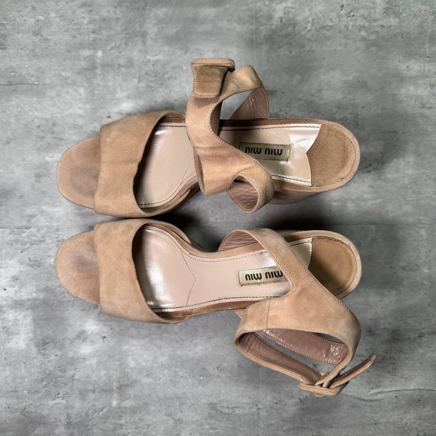 Miu Miu Suede Platform Heels – Ankle Strap with Round Buckle, Size 9