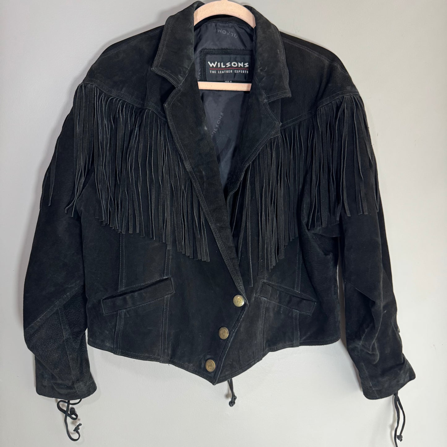 Vintage Wilsons Black Suede Fringe Jacket – Lace Sides & Silver Detail, Size L