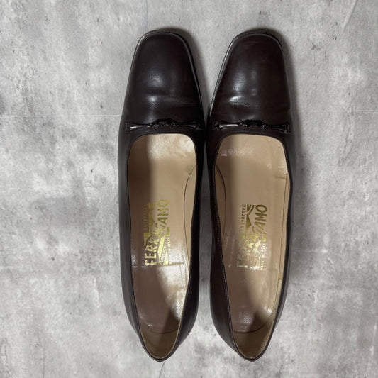 Salvatore Ferragamo Dark Brown Leather Pumps – Silver Horsebit Detail, Made in Italy, Size 8.5B