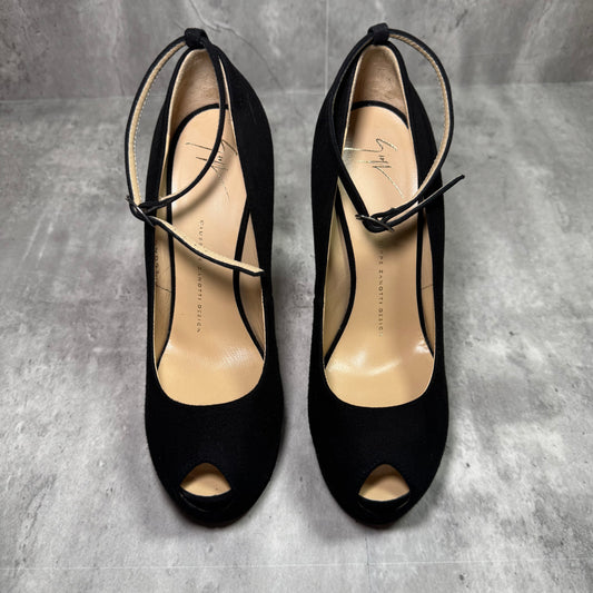 Giuseppe Zanotti Black Peep Toe Platform Heels – Ankle Strap & Buckle Detail, Size EU 38.5 (US 8.5)