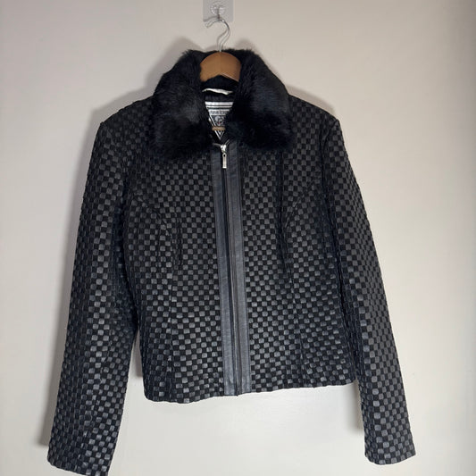 Vintage Marvin Richards Woven Leather Jacket with Rabbit Fur Collar – Checkered Pattern