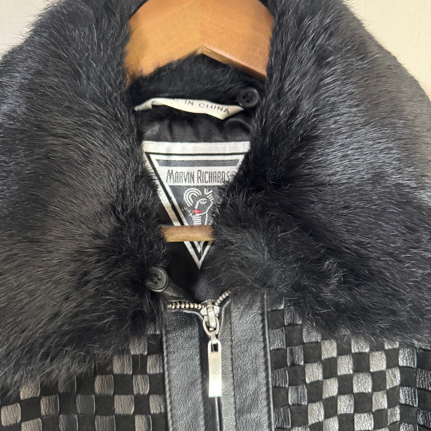 Vintage Marvin Richards Woven Leather Jacket with Rabbit Fur Collar – Checkered Pattern