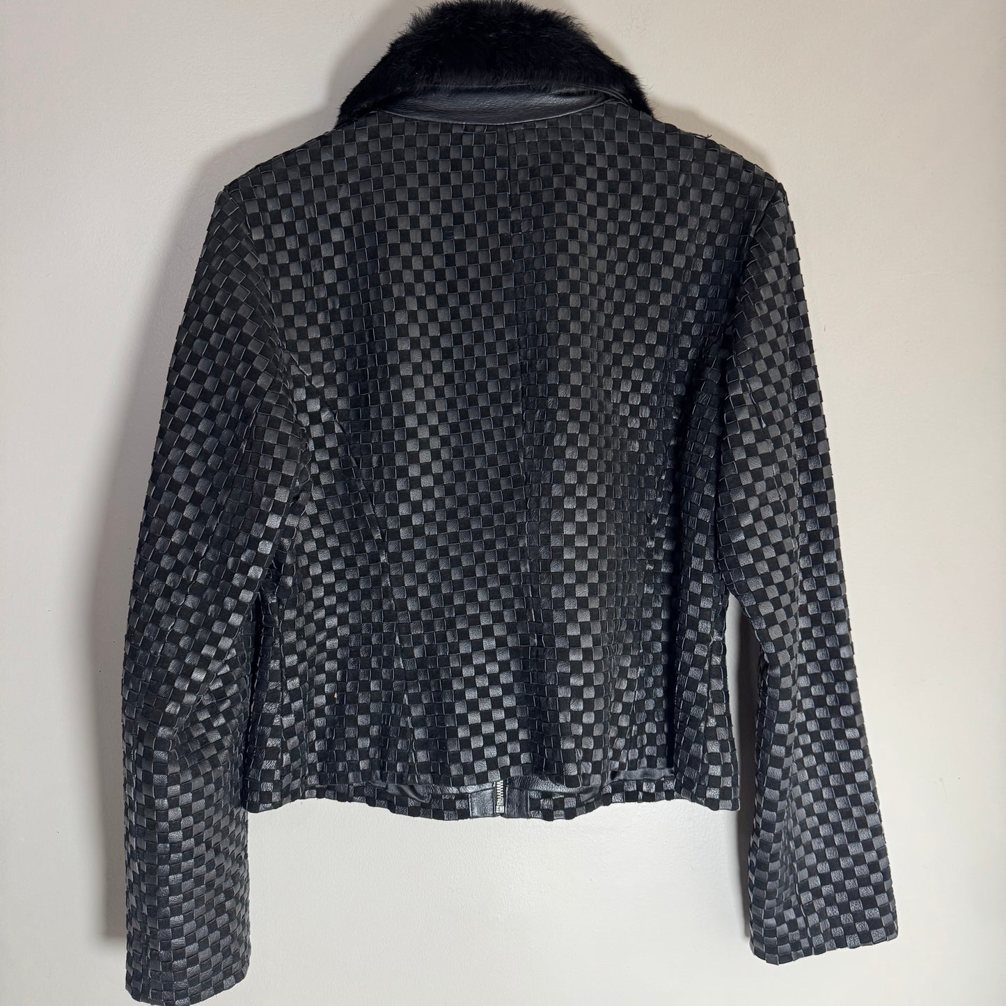 Vintage Marvin Richards Woven Leather Jacket with Rabbit Fur Collar – Checkered Pattern