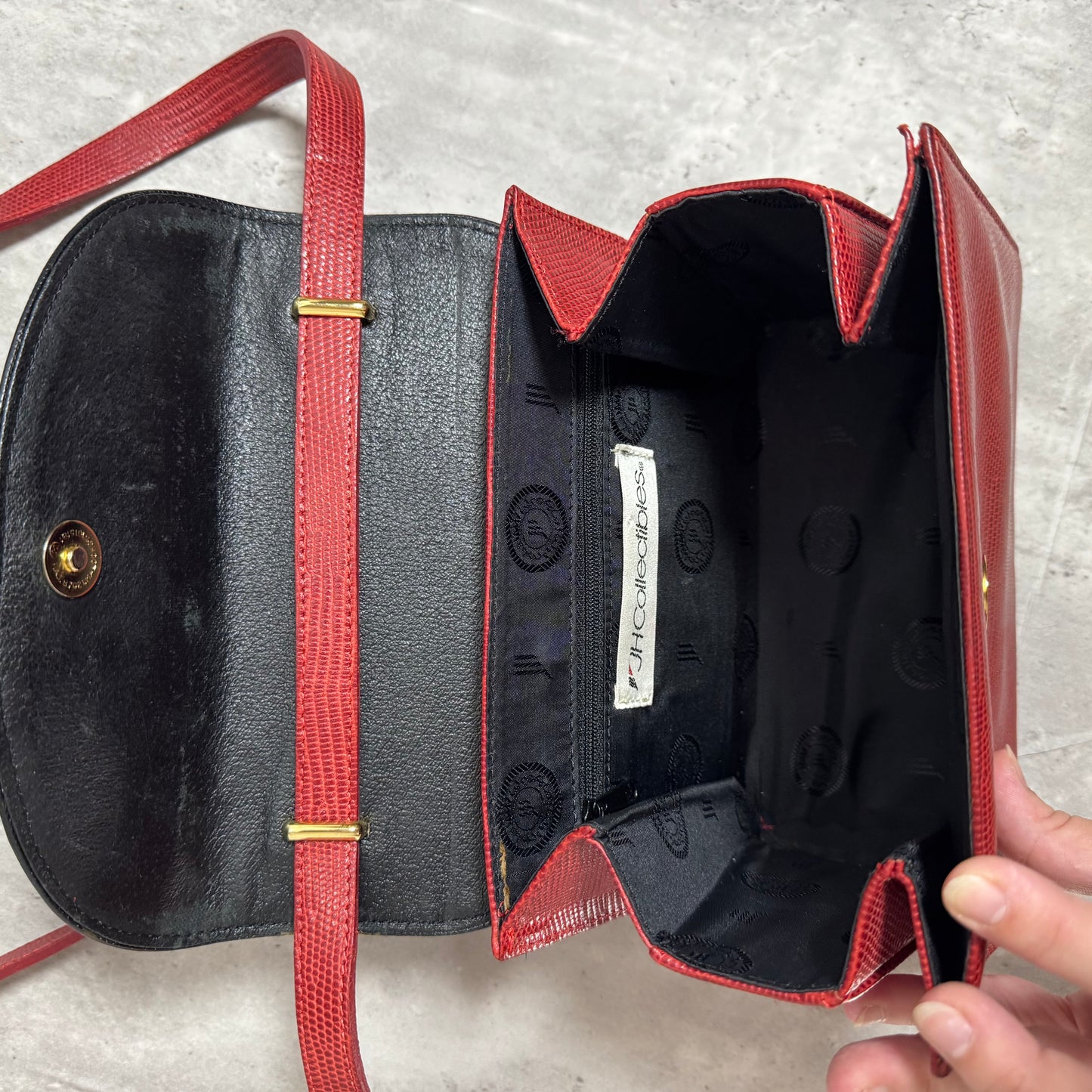 Vintage JH Collectibles Red Lizard-Embossed Leather Top Handle Purse – Crossbody Strap Included