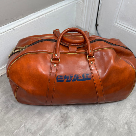 Vintage STAR Cognac Leather Duffle Bag with Brass Hardware
