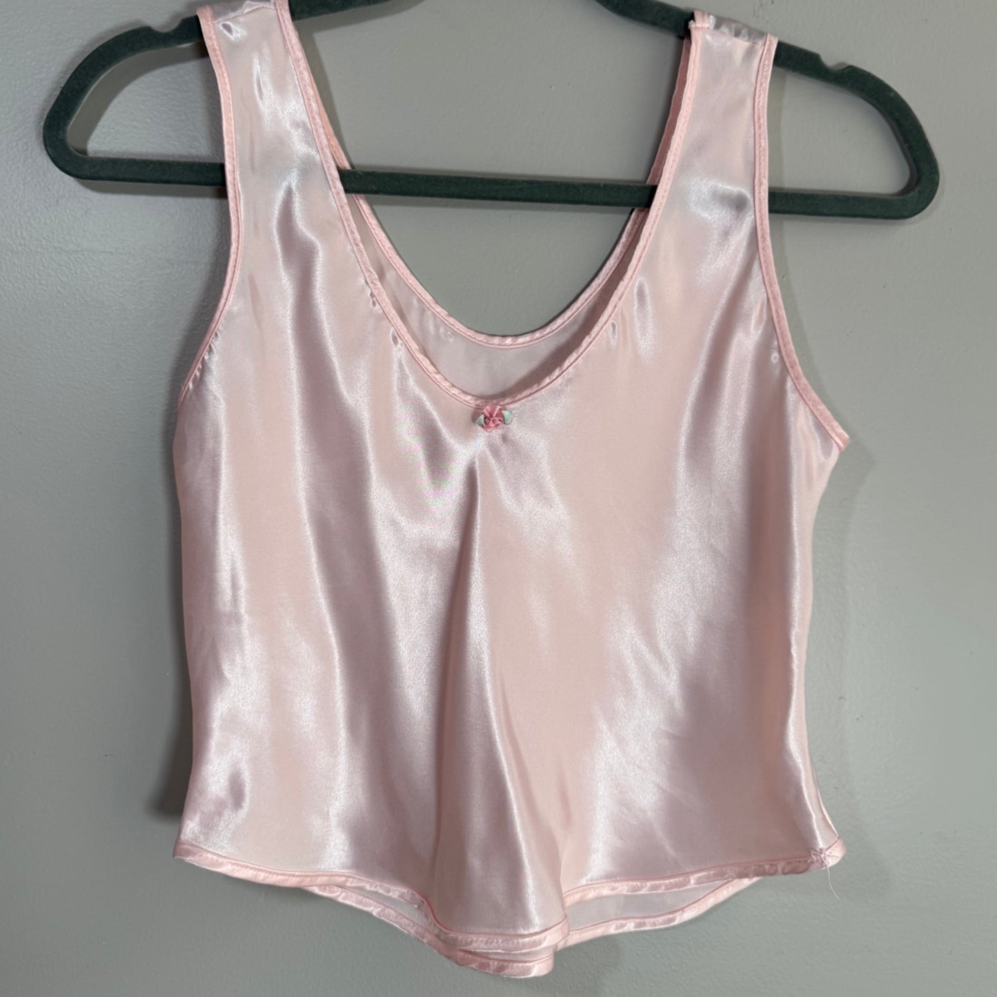 Vintage Pink Satin Lingerie Tank – Rosette Detail, Soft Shine