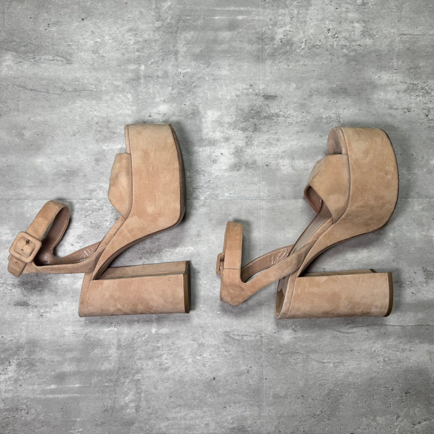 Miu Miu Suede Platform Heels – Ankle Strap with Round Buckle, Size 9