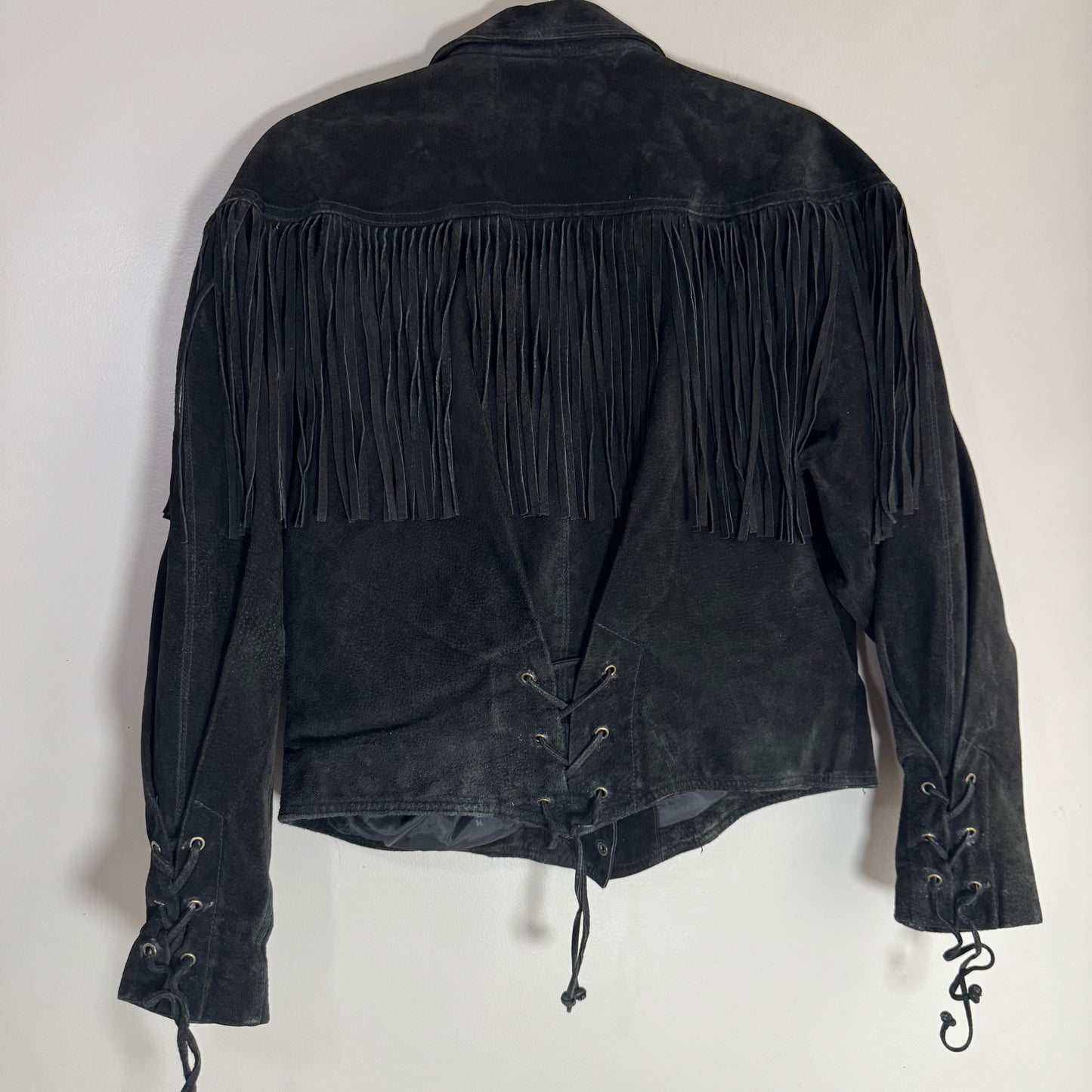 Vintage Wilsons Black Suede Fringe Jacket – Lace Sides & Silver Detail, Size L