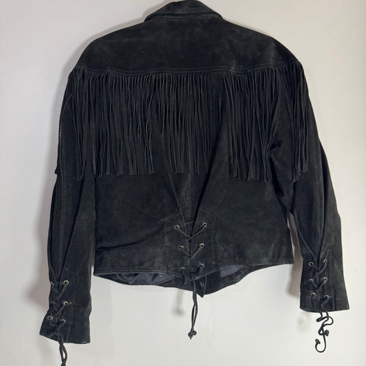 Vintage Wilsons Black Suede Fringe Jacket – Lace Sides & Silver Detail, Size L