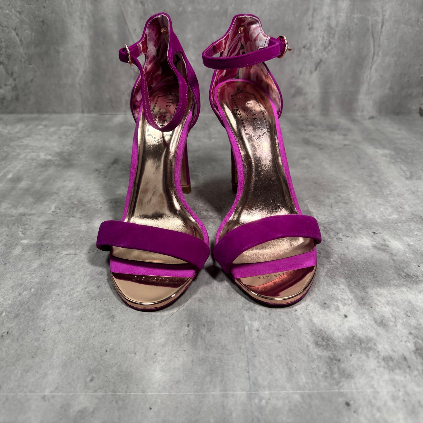 Ted Baker Velvet Fuchsia strappy Heels with rose gold details