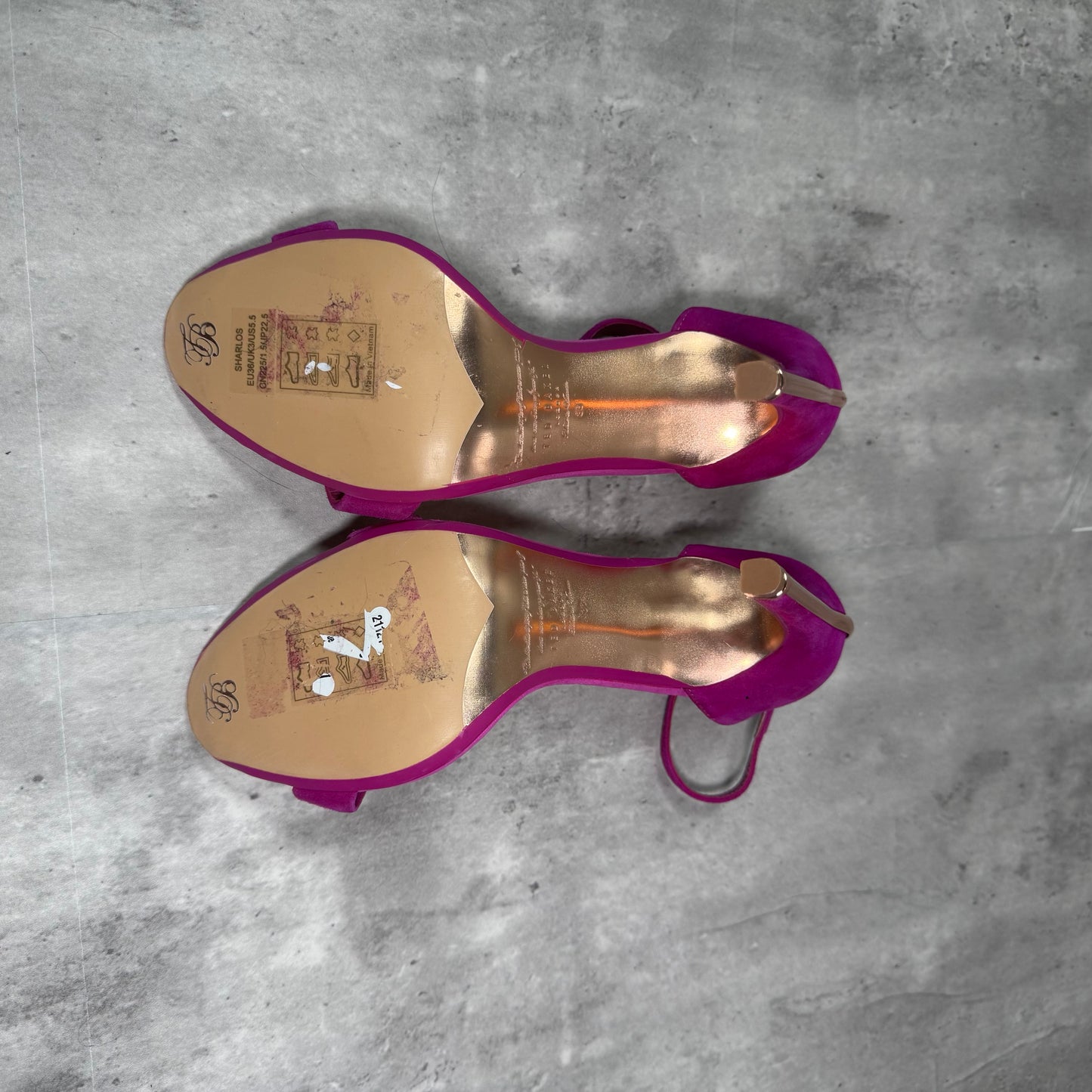 Ted Baker Velvet Fuchsia strappy Heels with rose gold details