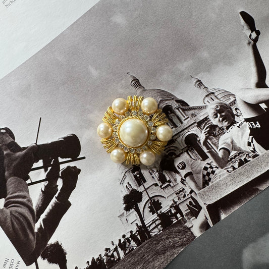 Vintage Round Pearl, CZ, and Gold Tiered Brooch