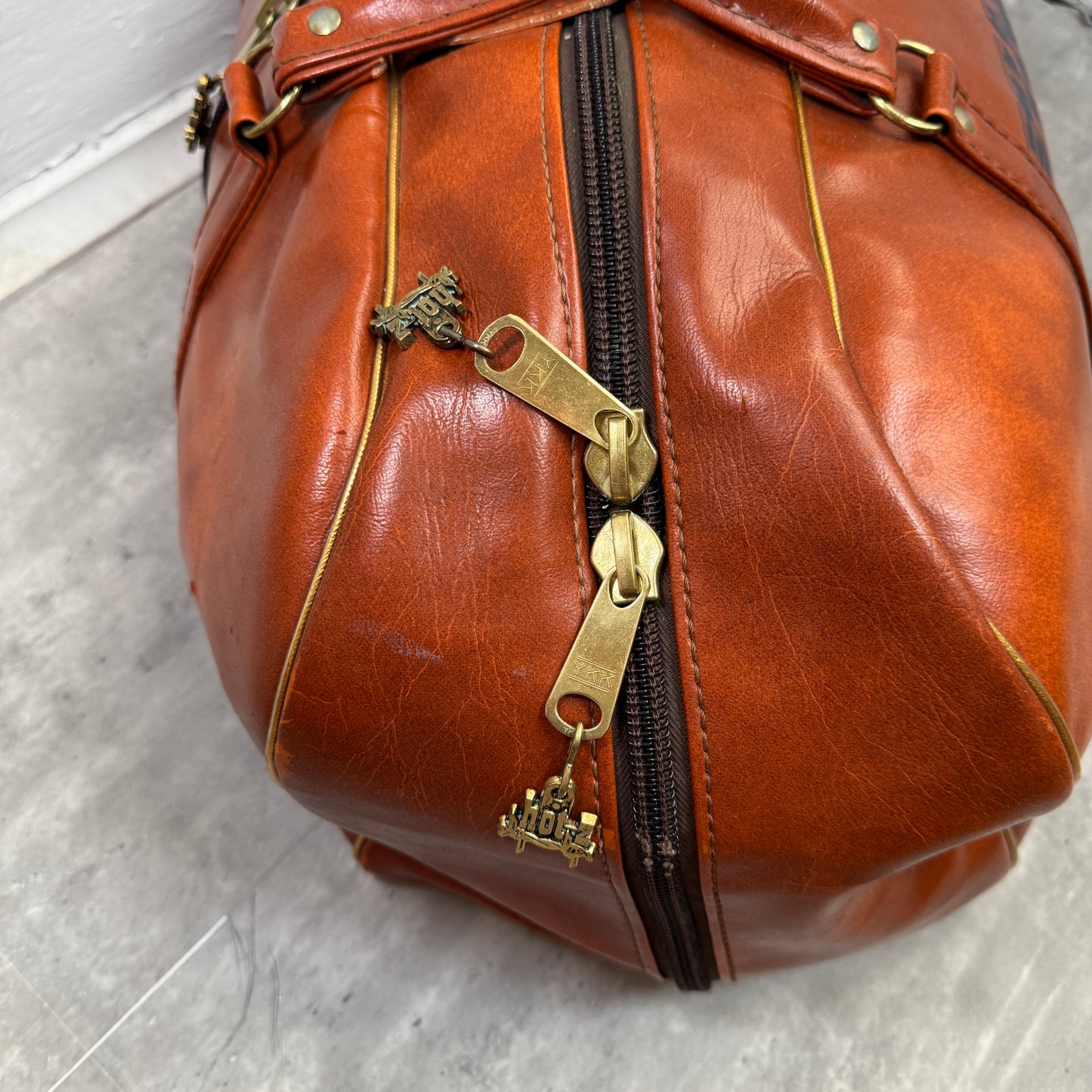Vintage STAR Cognac Leather Duffle Bag with Brass Hardware