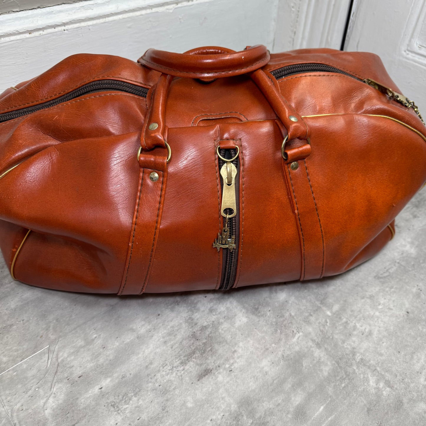 Vintage STAR Cognac Leather Duffle Bag with Brass Hardware